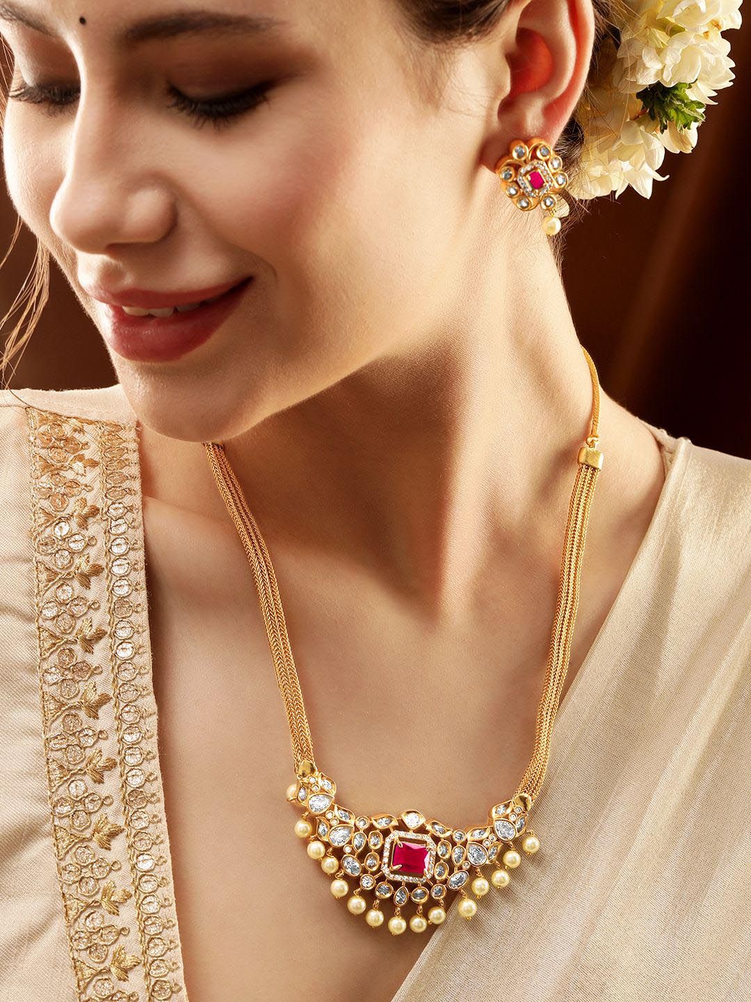 Dhiyona RJ Women's 22K Gold-Plated Ruby & Cubic Zirconia Studded Necklace Set with Pearl Accents