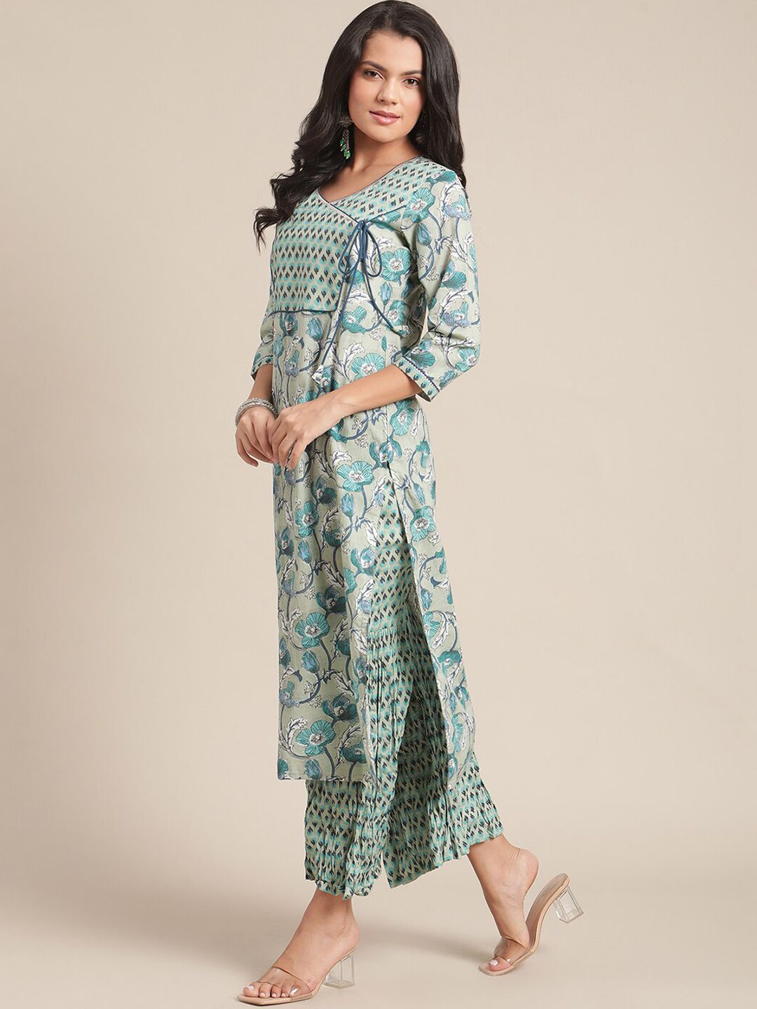 Dhiyona VA Women's Turquoise Blue Floral Printed Regular Pure Cotton Kurta with Palazzos