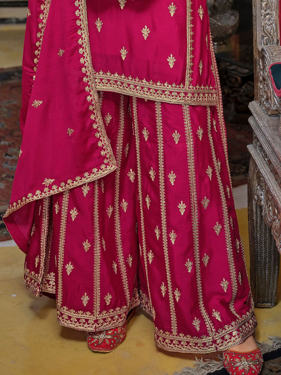 Adults-Women Woven Design Embroidered Kurta with Palazzos & Dupatta