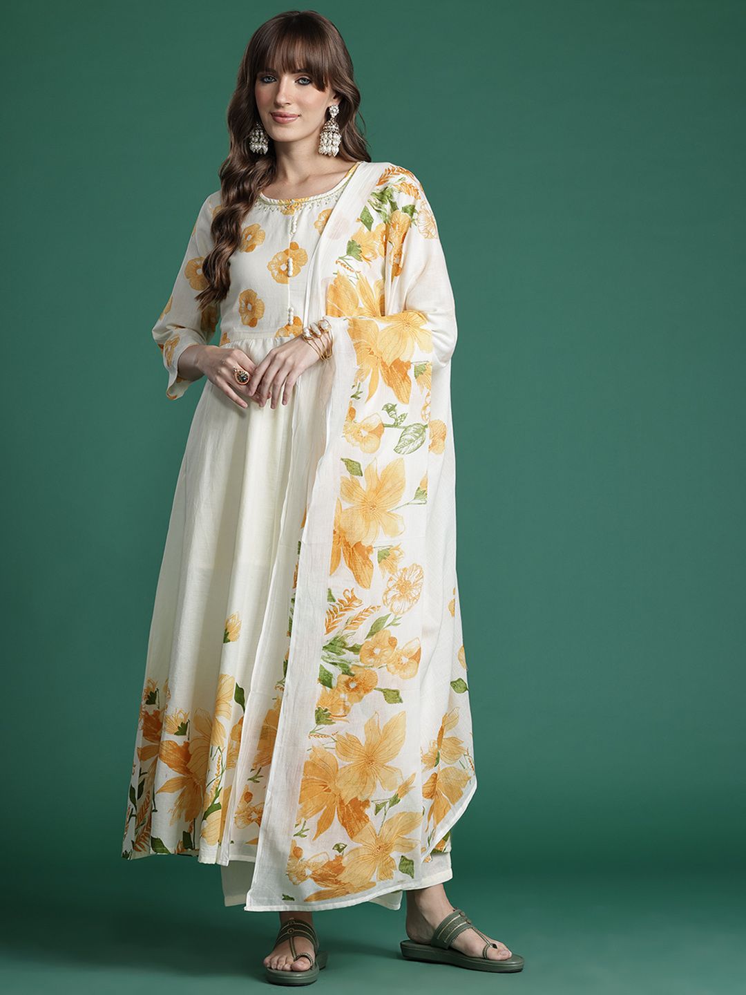 Floral Printed Empire Pure Cotton Kurta with Trousers & Dupatta