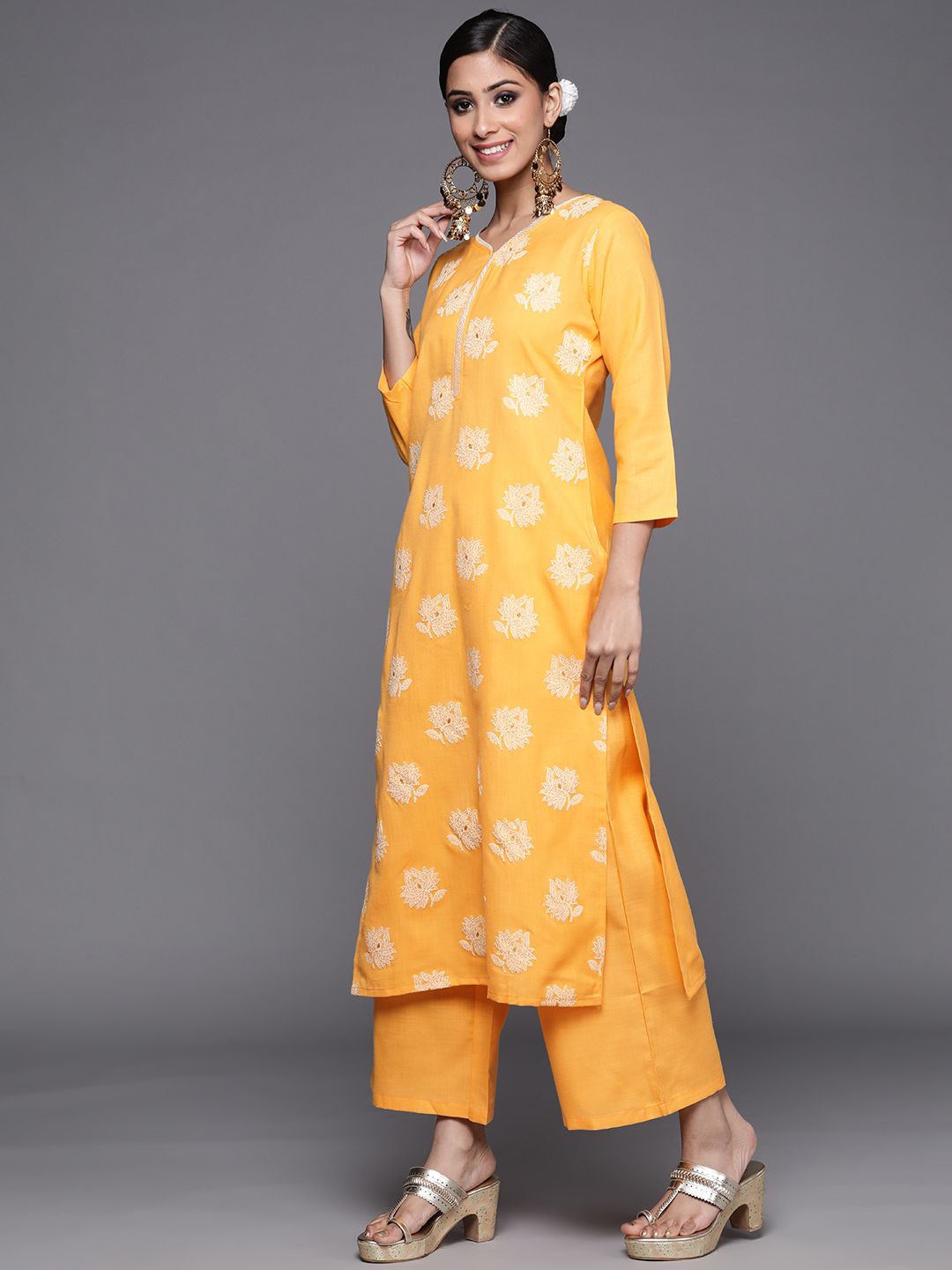 Dhiyona IE Women Yellow Floral Embroidered Kurta with Palazzos & Dupatta