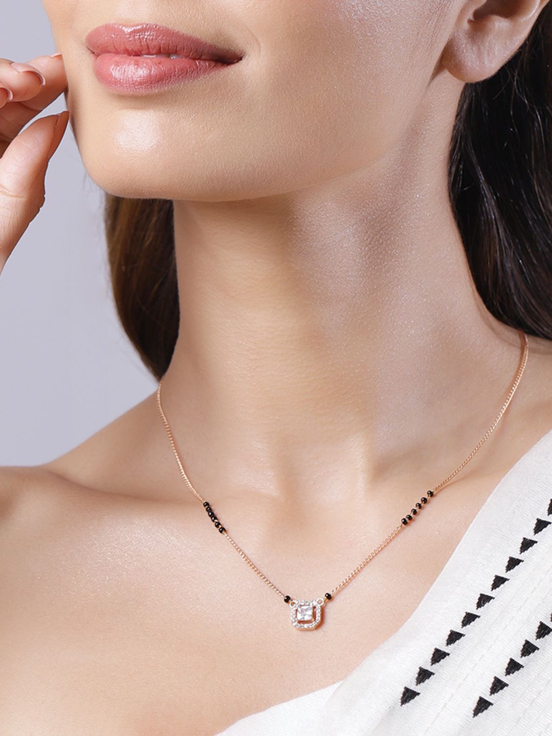 Dhiyona RJ Women's 18k Rose Gold Plated AD & CZ Studded Mangalsutra Necklace with Black Beads