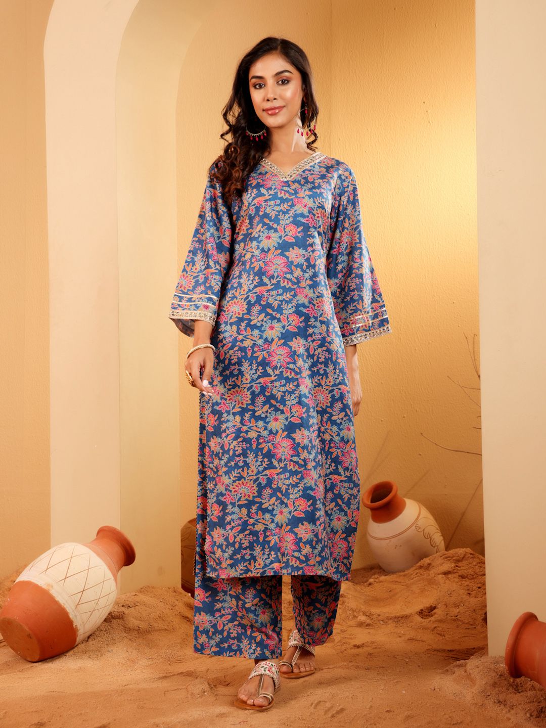 Dhiyona VA Women'sFloral Printed Zari V Neck Flared Sleeves A-Line Kurta With Palazzo And Dupatta