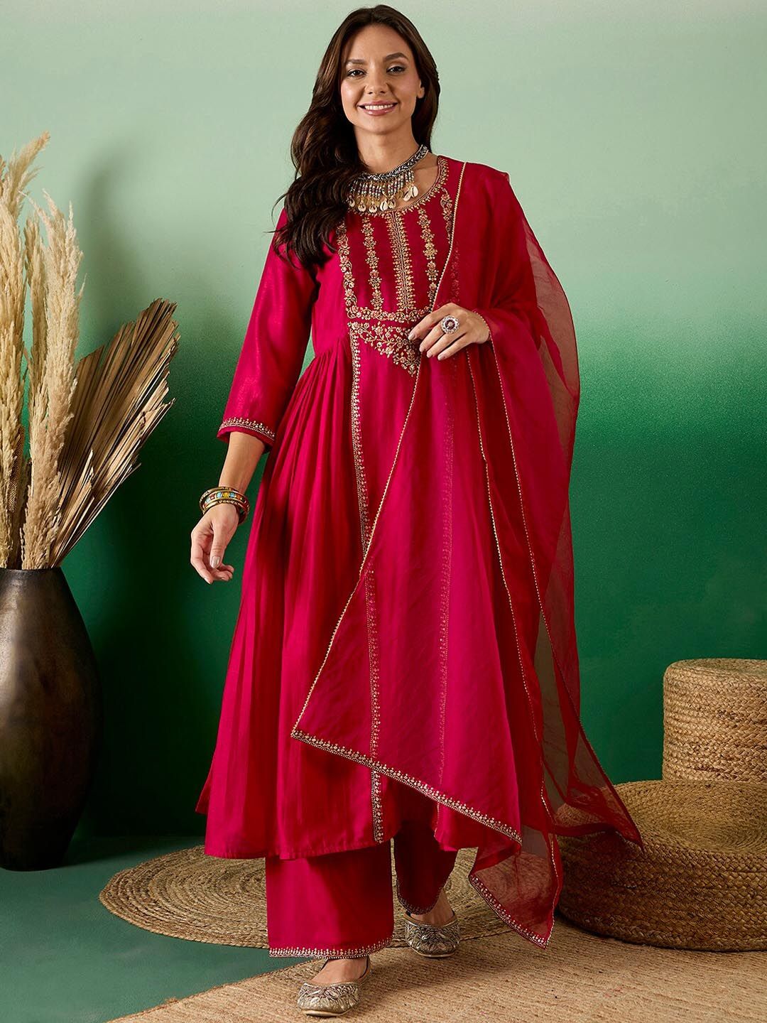 Dhiyona SN Women's Red Ethnic Embroidered Zari Sequined Pleated Straight Kurta With Trouser & Dupatta