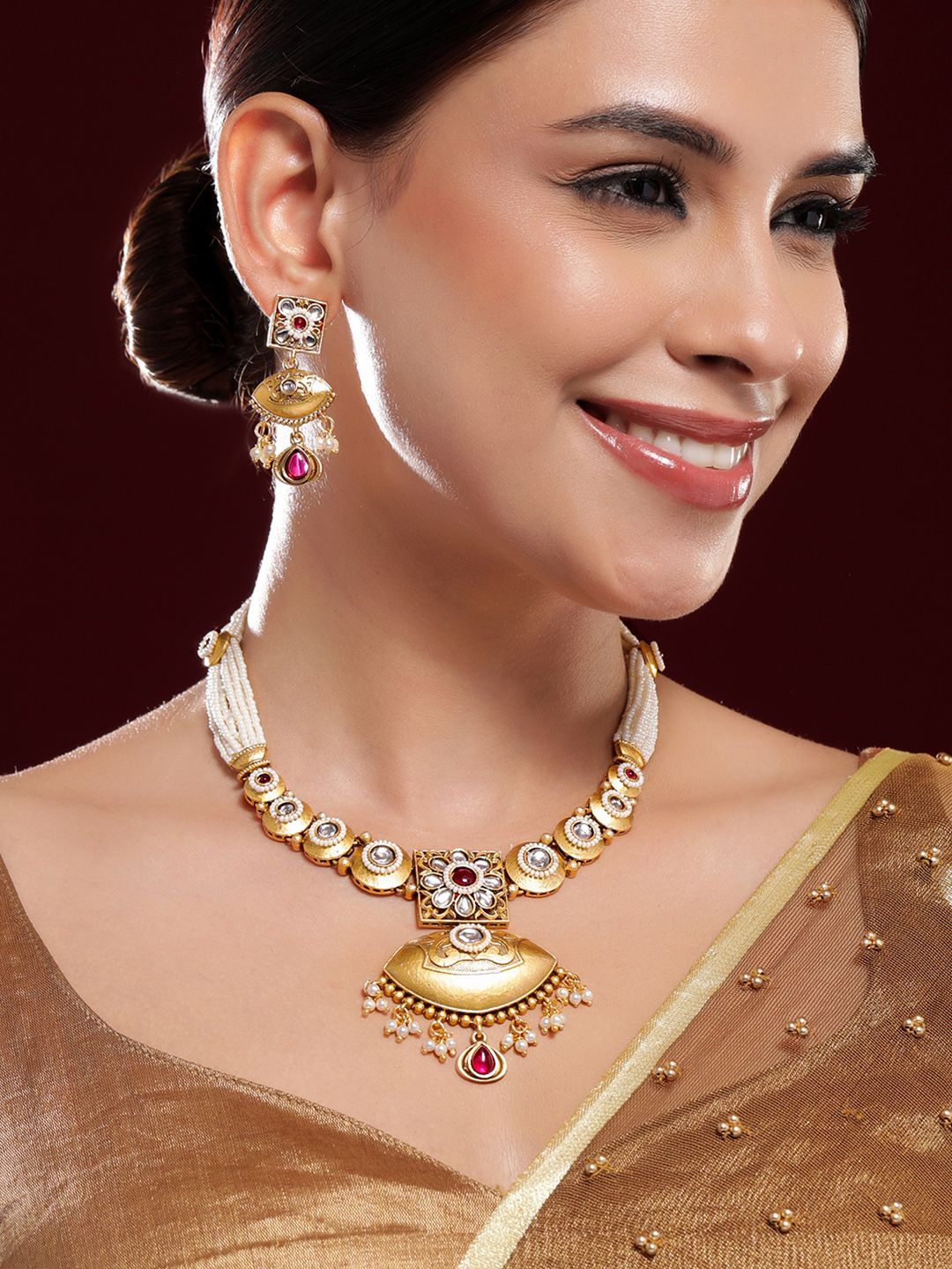 Dhiyona RJ Women's 22K Gold-Plated Ruby, Kundan & Multi-Strand Pearl Bead Detailing Necklace Set