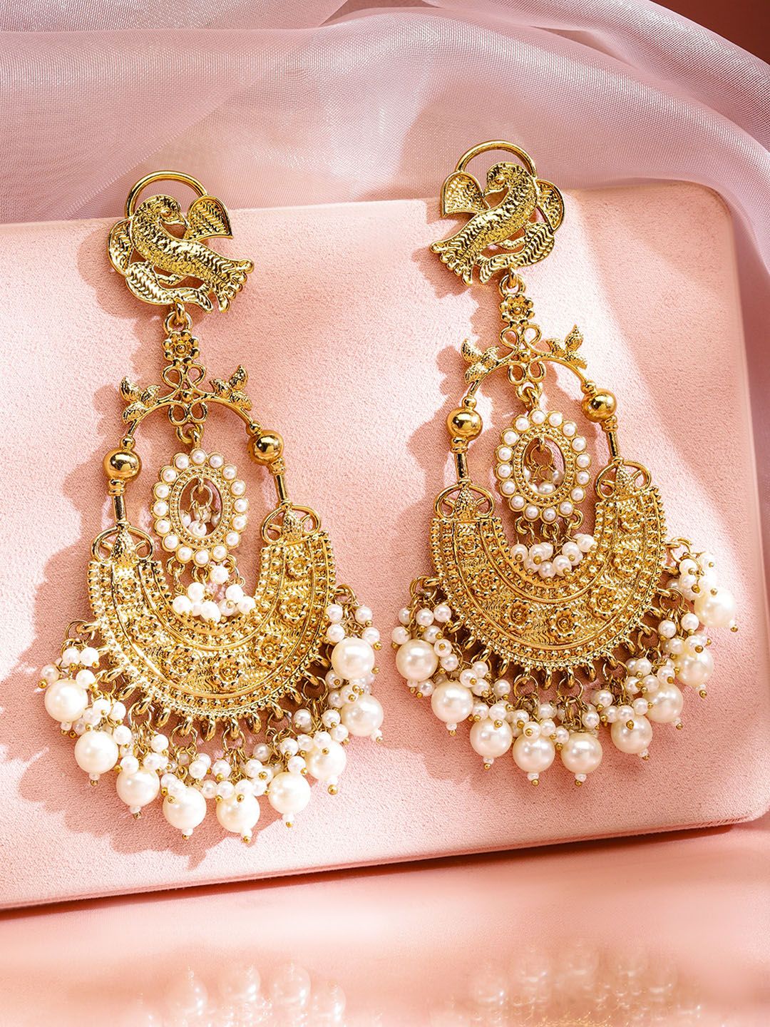Dhiyona RJ Women's 18K Gold-Plated Large Chandbali Earrings with White Pearl Beaded Accents