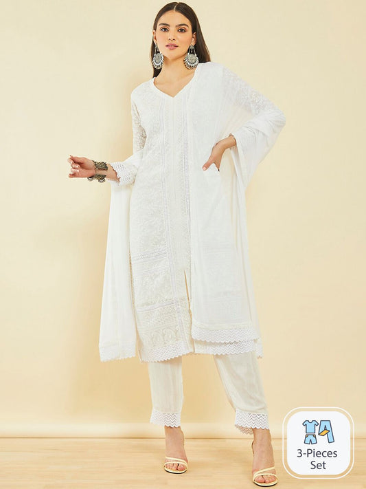 Dhiyona SO Women's Ethnic Motifs Embroidered Thread Work Kurta & Trousers With Dupatta