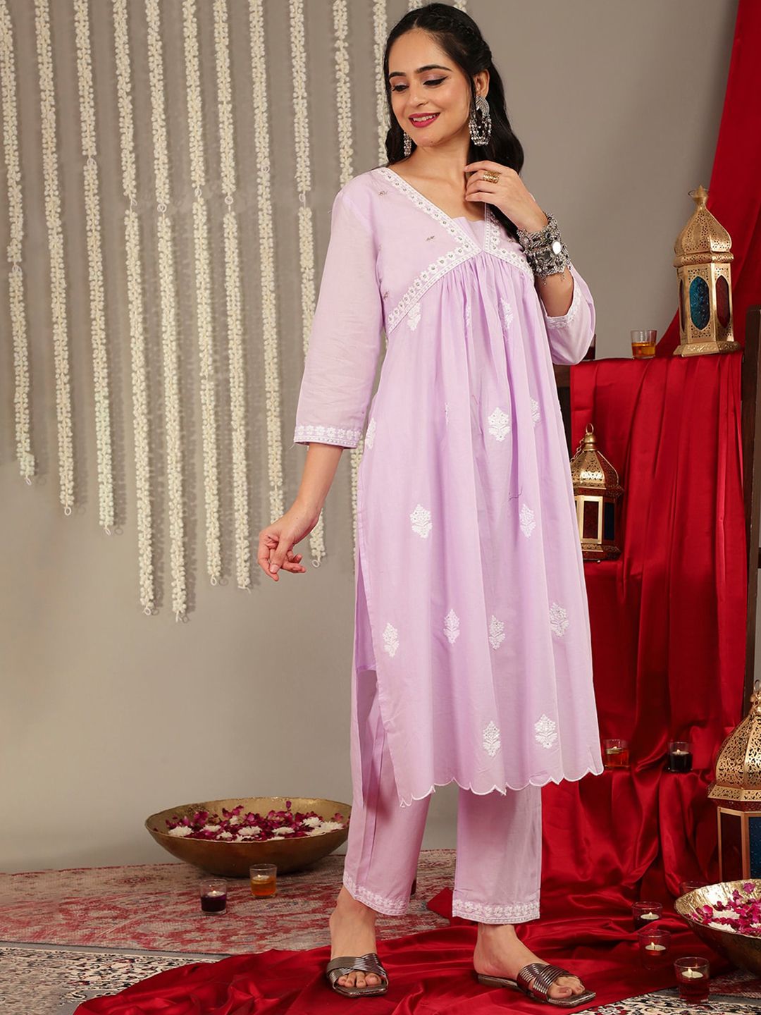 Dhiyona VA Women'sEthnic Motifs Embroidered Pure Cotton Empire Straight Kurta & Trouser With Dupatta