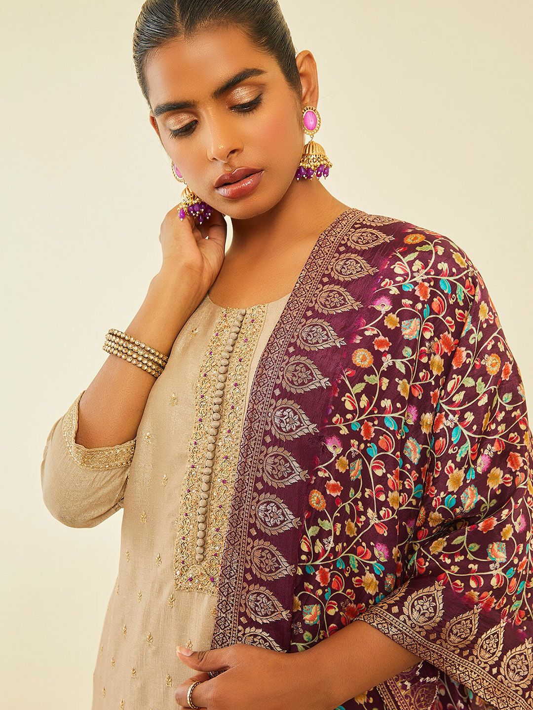 Dhiyona SO Women's Ethnic Motifs Embroidered Sequinned Detail Straight Kurta & Trousers With Dupatta