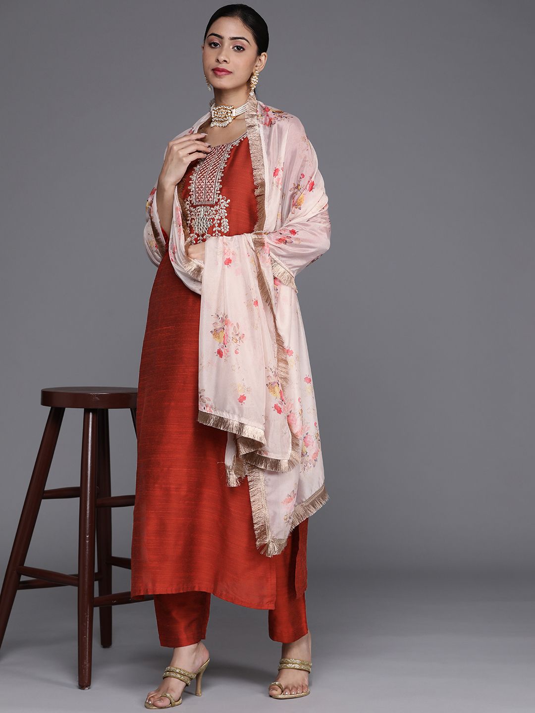 Dhiyona VA Women's Rust Ethnic Motifs Embroidered Dupion Silk Kurta with Trousers & With Dupatta