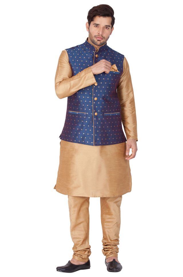 Men's Gold Silk Blend Straight Jacket Kurta and Pyjama Set