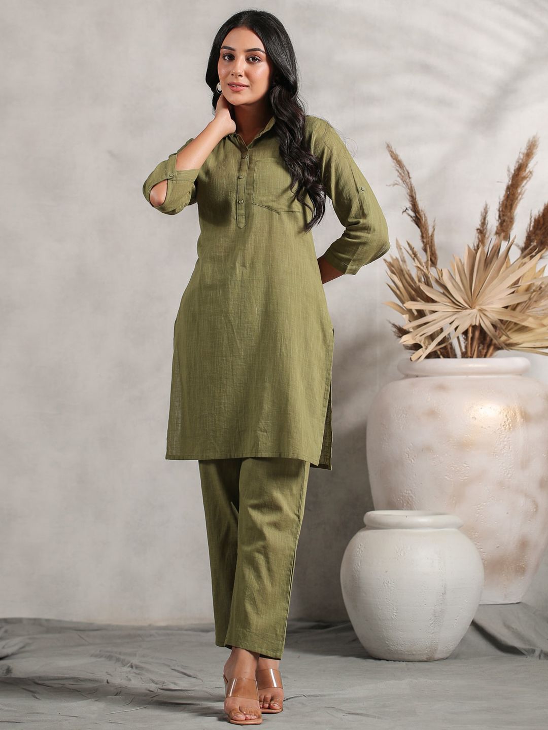 Dhiyona IS Women's Shirt Collar Cuffed Sleeves Fusion Pure Cotton Kurta with Trousers