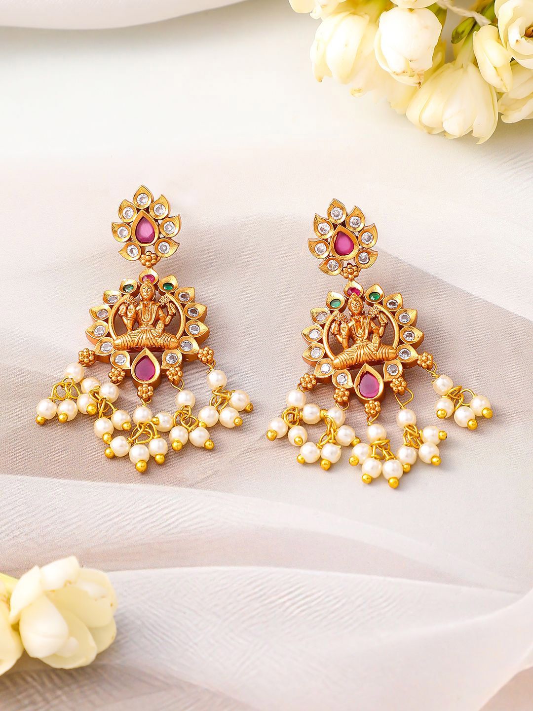 Dhiyona RJ Women's 24K Gold-Plated Lakshmi Temple Necklace Set with Ruby Stones & Pearl Detailing