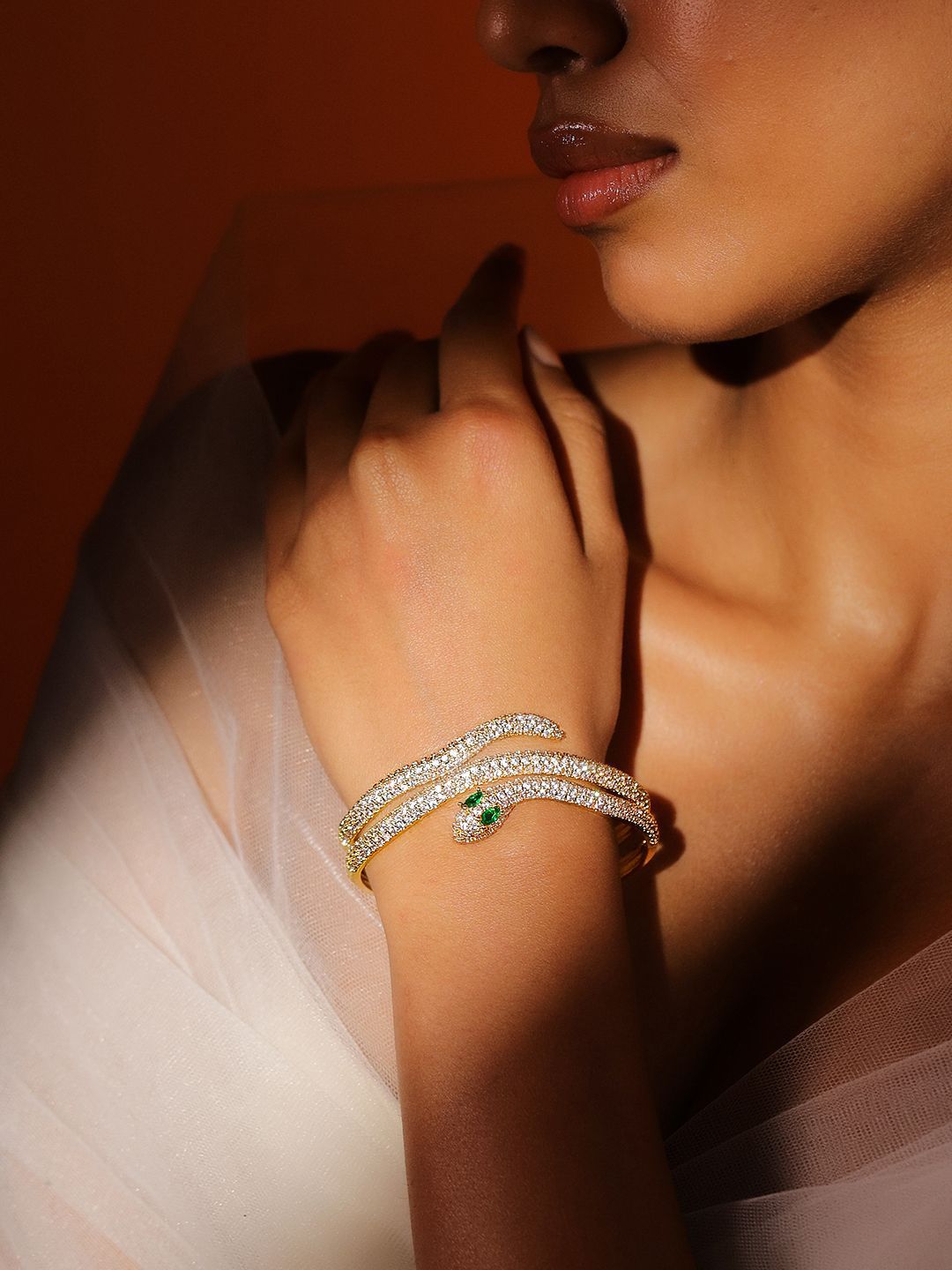 Dhiyona RJ Women's 22K Gold Plated Double Snake Design Emerald and Cubic Zirconia Openable Bracelet
