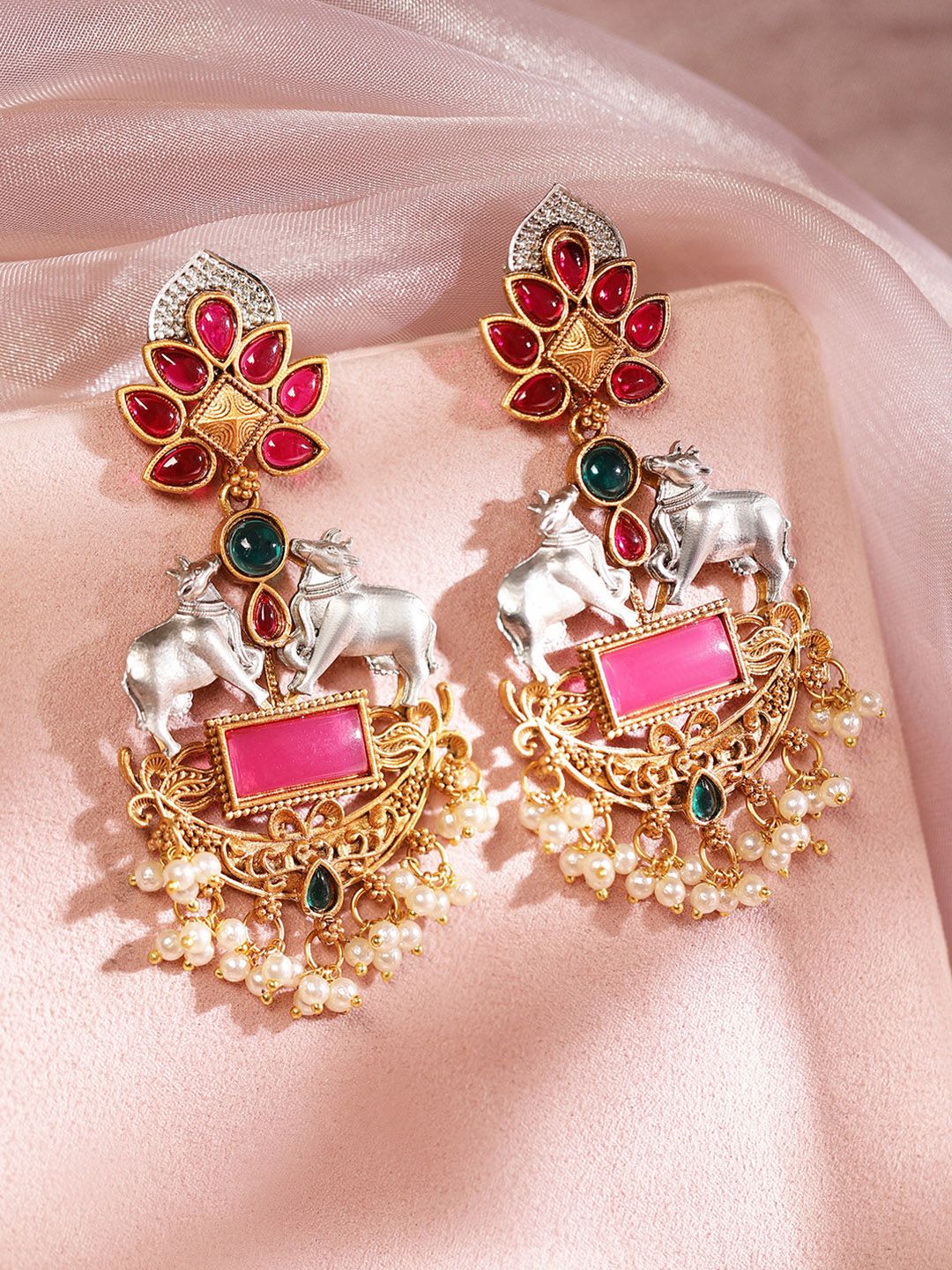 Dhiyona RJ Women's Gold & Silver Plated Pink Stones Studded & Pearl Beaded Cow Charm Earrings