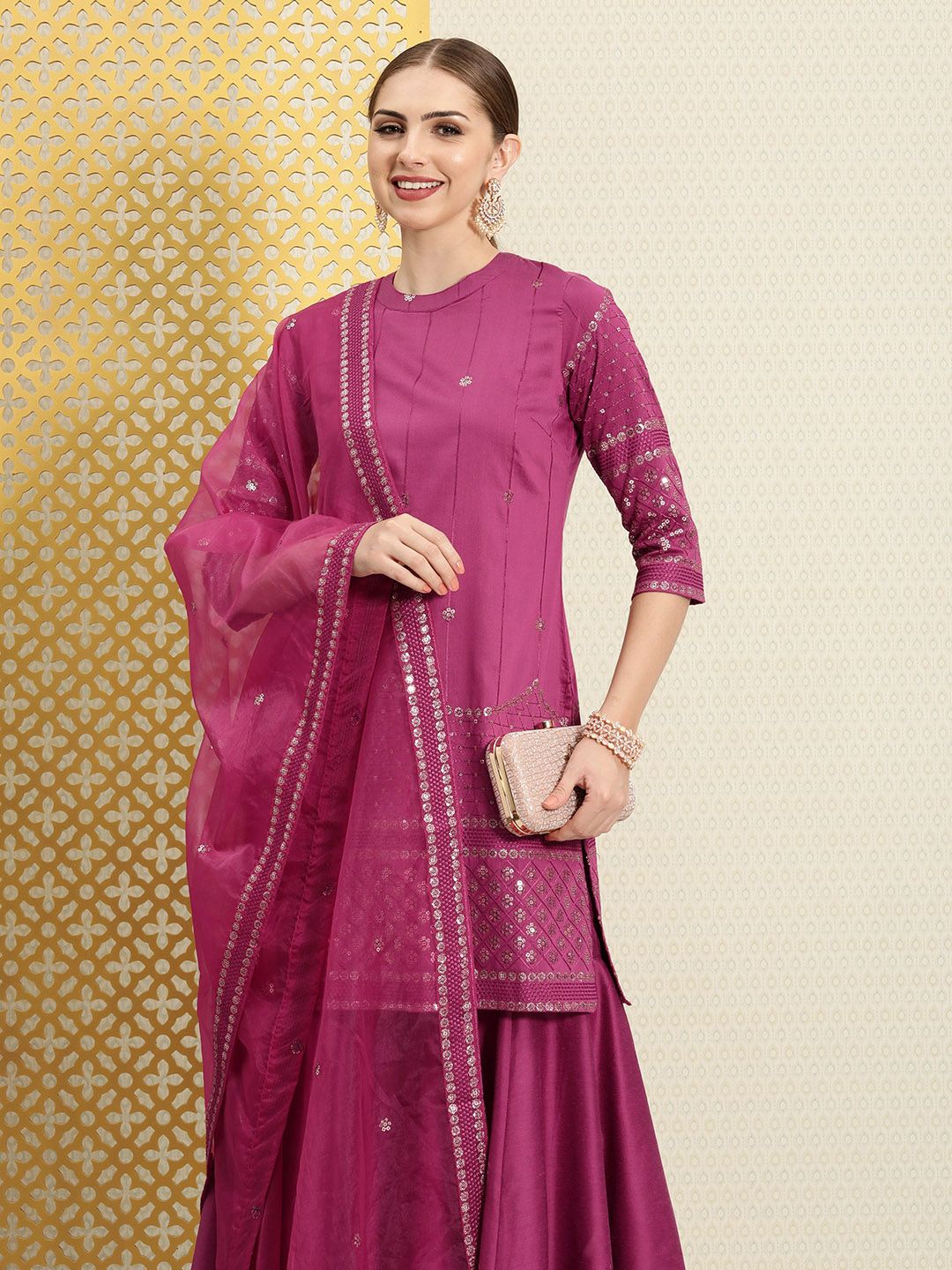 Dhiyona PD Women Women Floral Embroidered Sequinned Jashn Kurta with Sharara & Dupatta