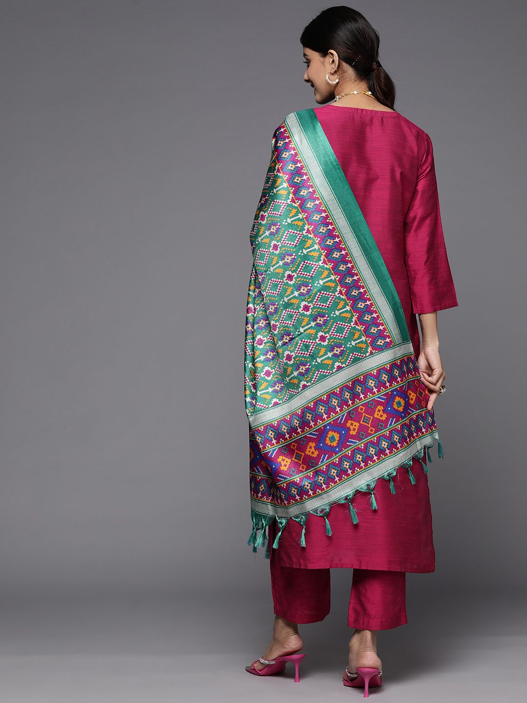 Dhiyona VA Women'sEthnic Motifs Embroidered Dupion Silk Kurta With Trousers & With Dupatta