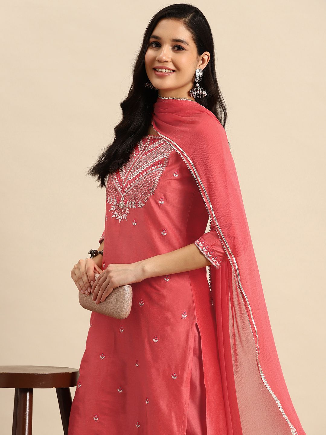 Dhiyona SN Women's Floral Embroidered Sequinned Kurta with Trousers & Dupatta