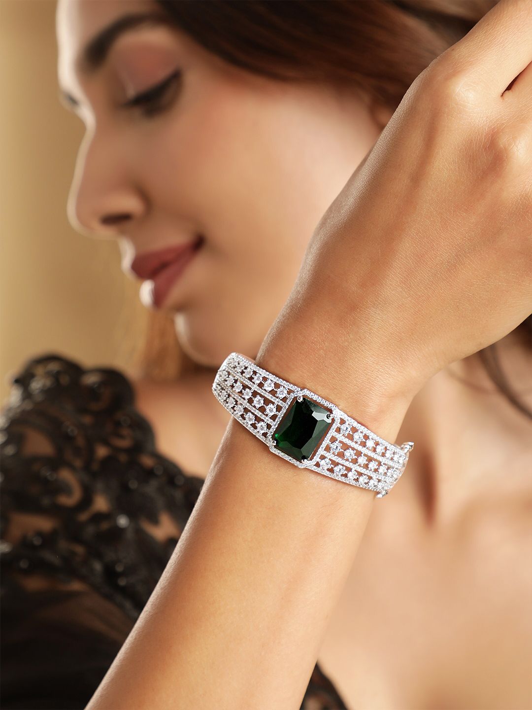 Dhiyona RJ Women's Cubic Zirconia Rhodium-Plated Kada Bracelet