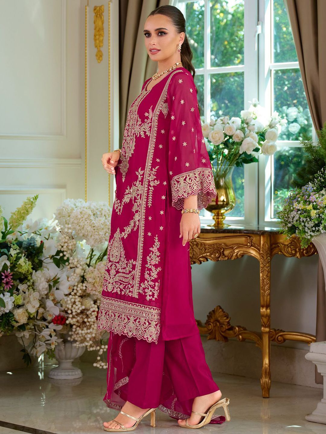 Dhiyona IE Women's Ethnic Motifs Embroidered Zari Kurta with Trousers & Dupatta