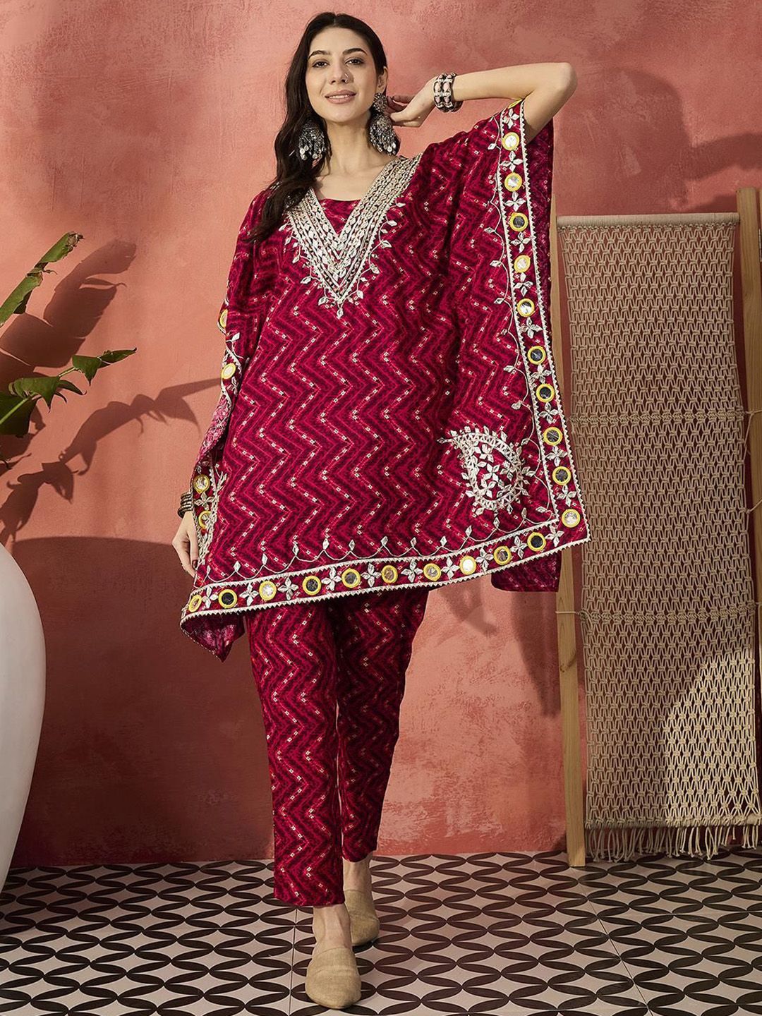Dhiyona IS Women's Geometric Printed V-Neck Gotta Patti Kaftan Kurti With Trousers