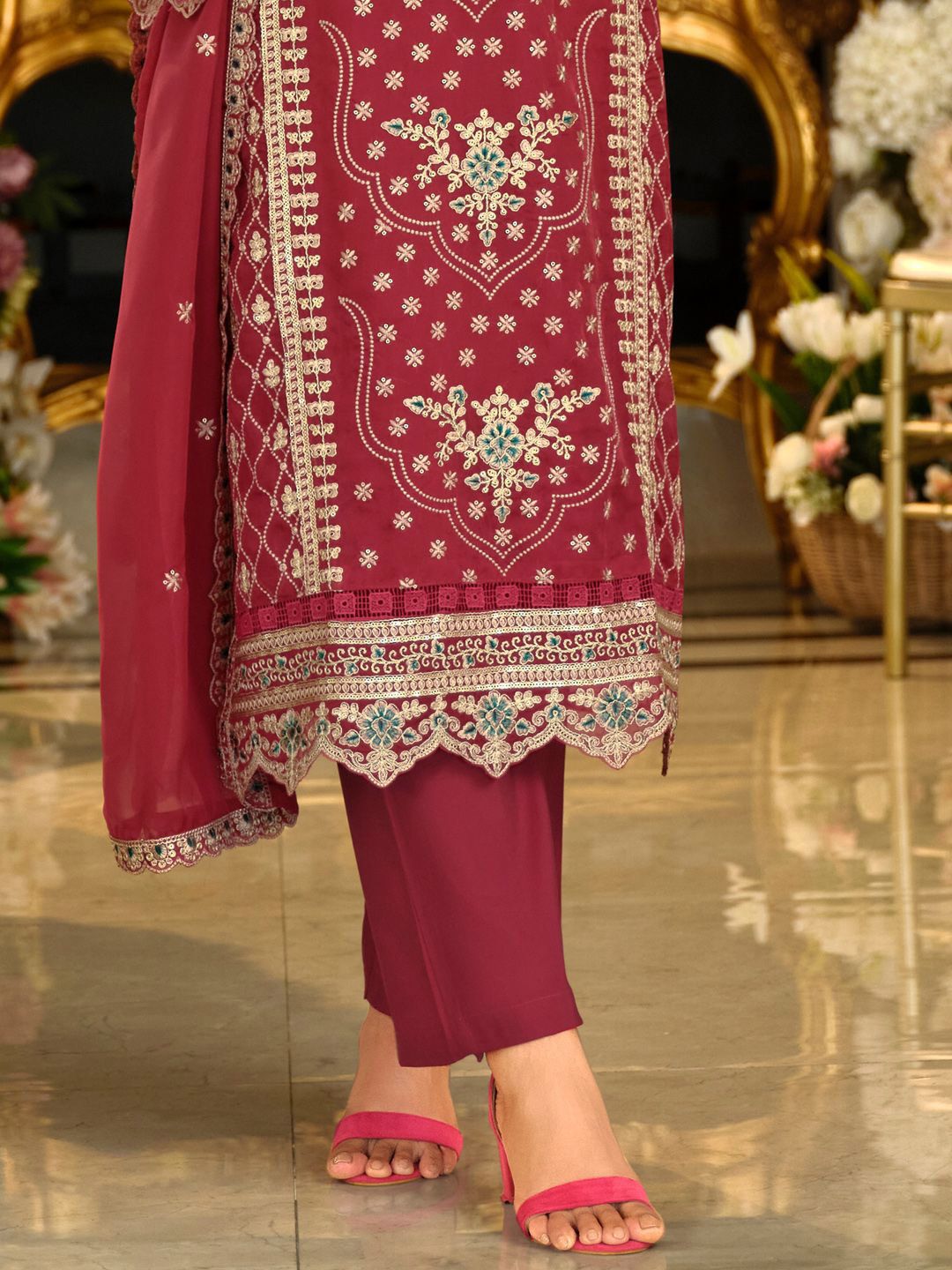 Ethnic Motifs Embroidered Zari Organza Straight Kurta & Trousers With Dupatta