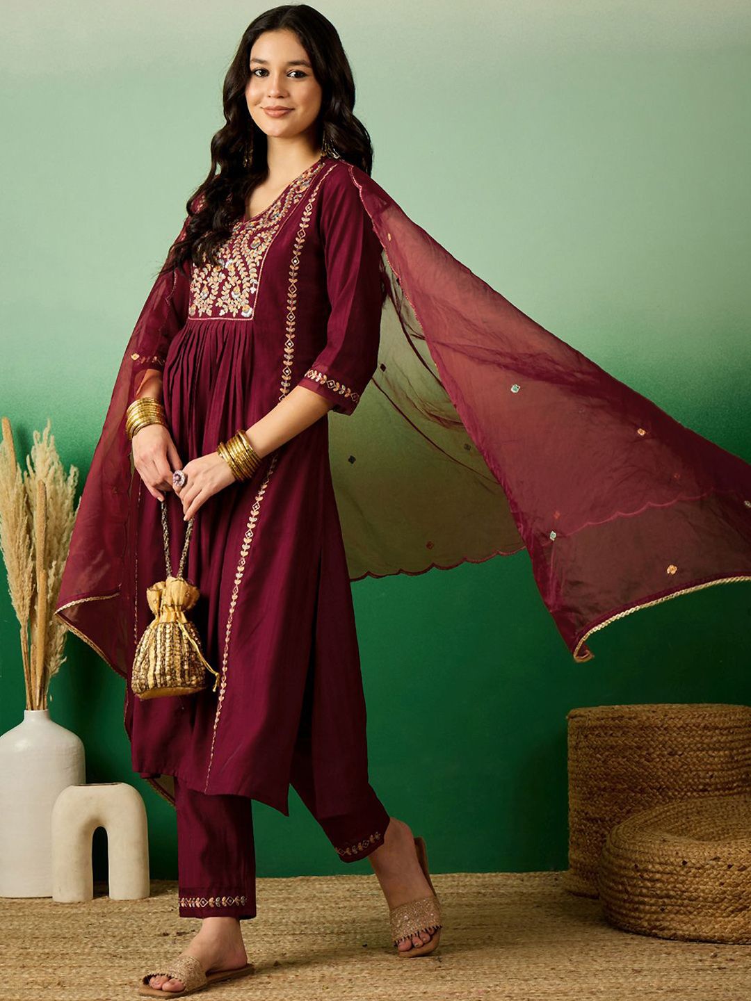 Dhiyona SN Women's Maroon Floral Embroidered V-Neck Sequinned A-Line Kurta With Pant & Dupatta