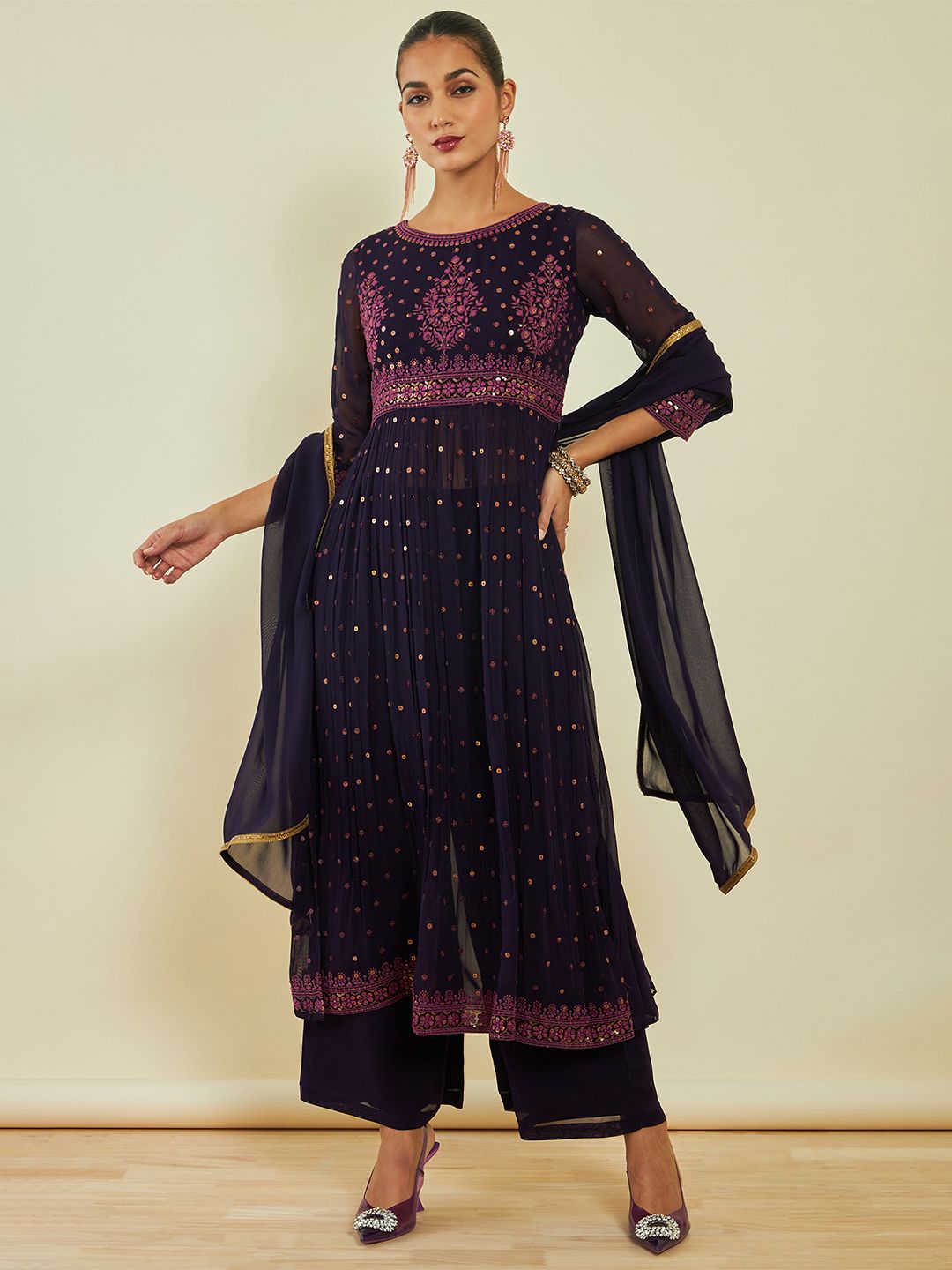 Dhiyona SO Women's Ethnic Motifs Embroidered Sequined Kurta with Palazzos & Dupatta