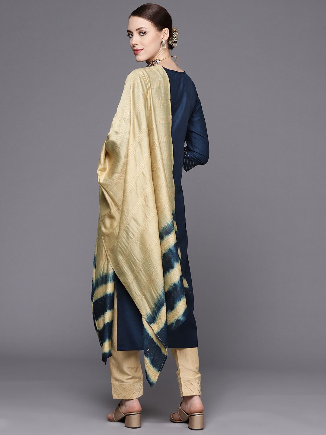Dhiyona VA Women's Navy Blue Yoke Design Kurta with Trousers & With Dupatta