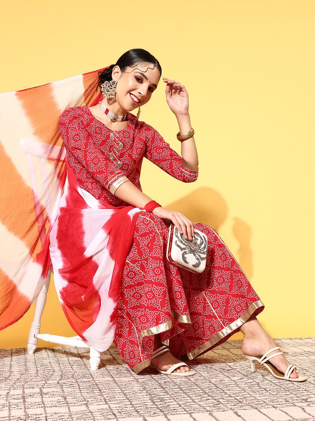 Dhiyona VA Women's Bandhani Pure Cotton Print Parade Kurta Set