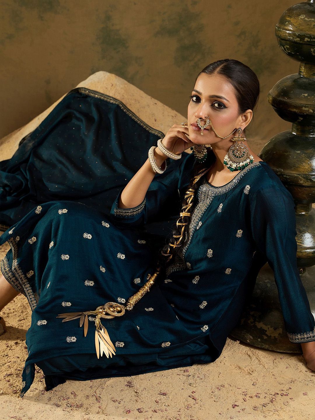 Women Embroidered Regular Sequinned Kurta with Trousers & With Dupatta