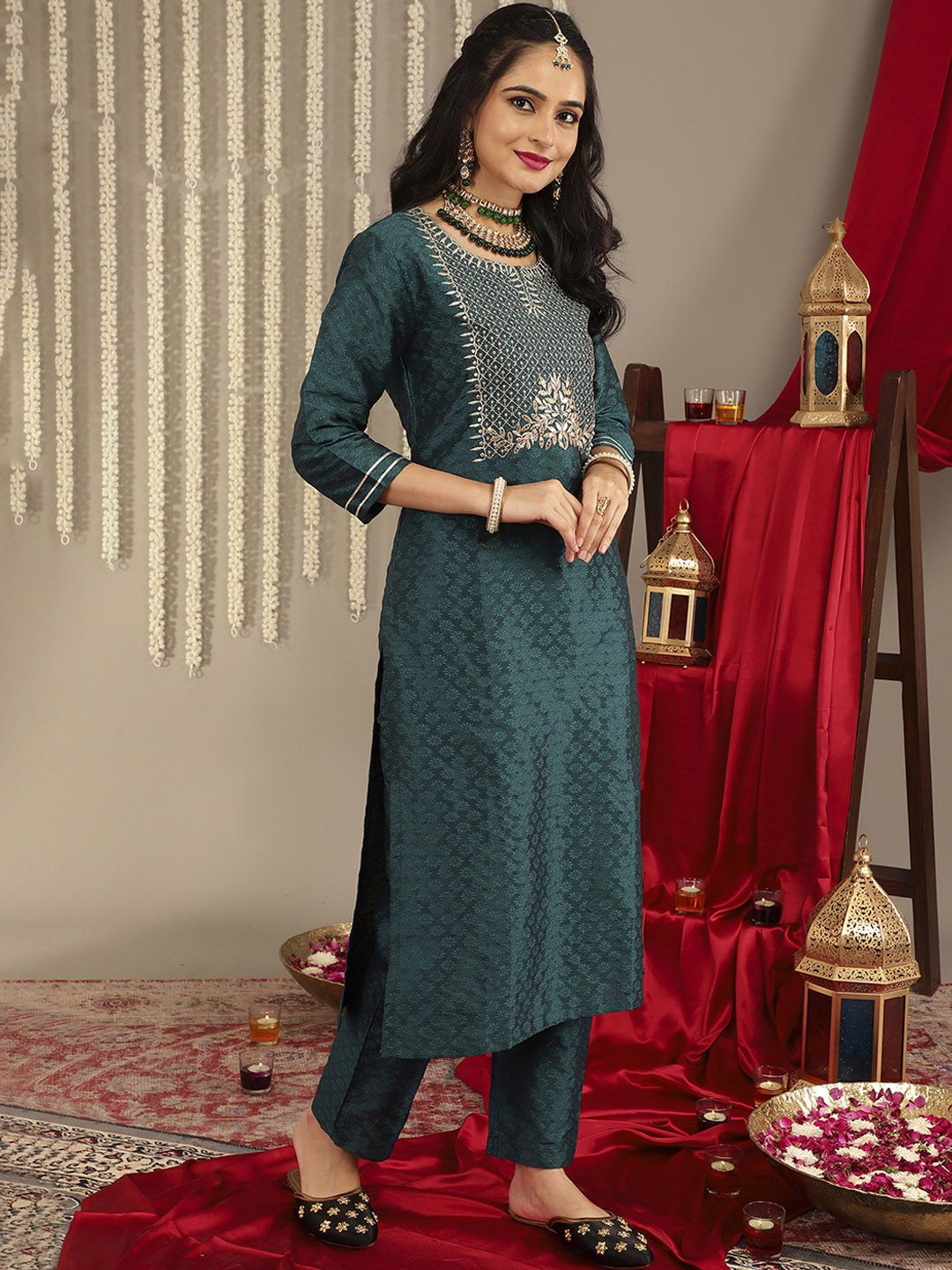 Dhiyona VA Women's Green Ethnic Motifs Embroidered Gotta Patti Kurta with Trousers & With Dupatta