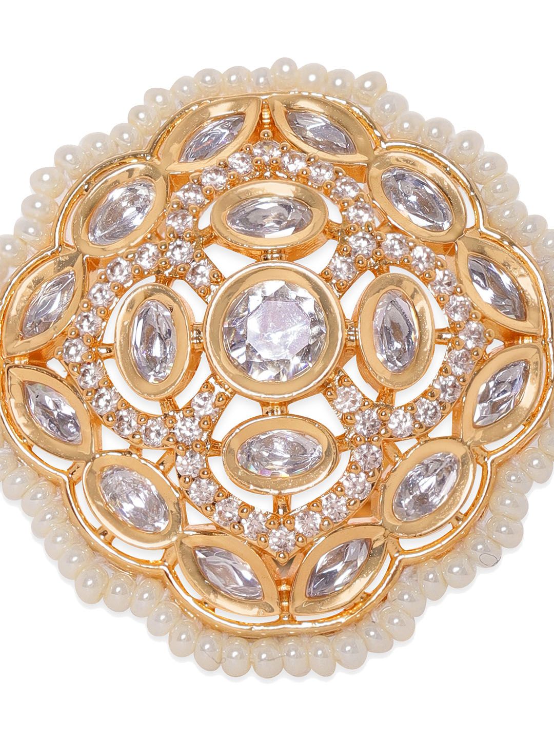 Dhiyona RJ Women's Gold-Plated CZ-Studded & Pearl Beaded Adjustable Finger Ring