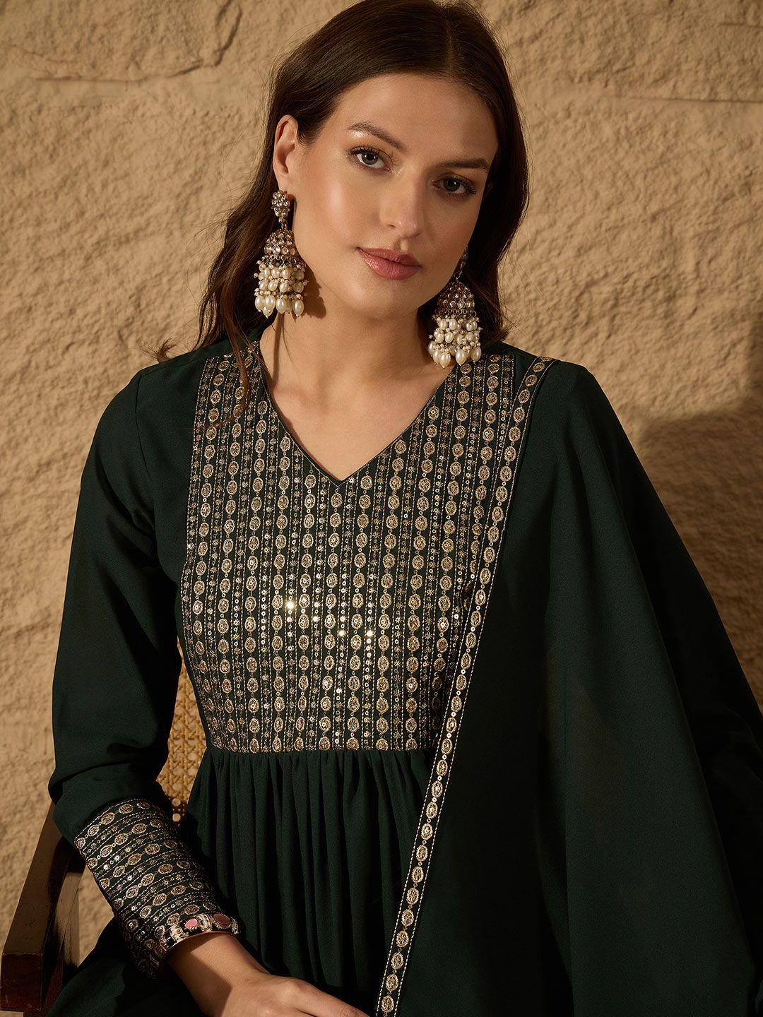 Dhiyona PD Women Yoke Design V-Neck Sequinned Pleated Georgette Kurta & Trousers & Dupatta
