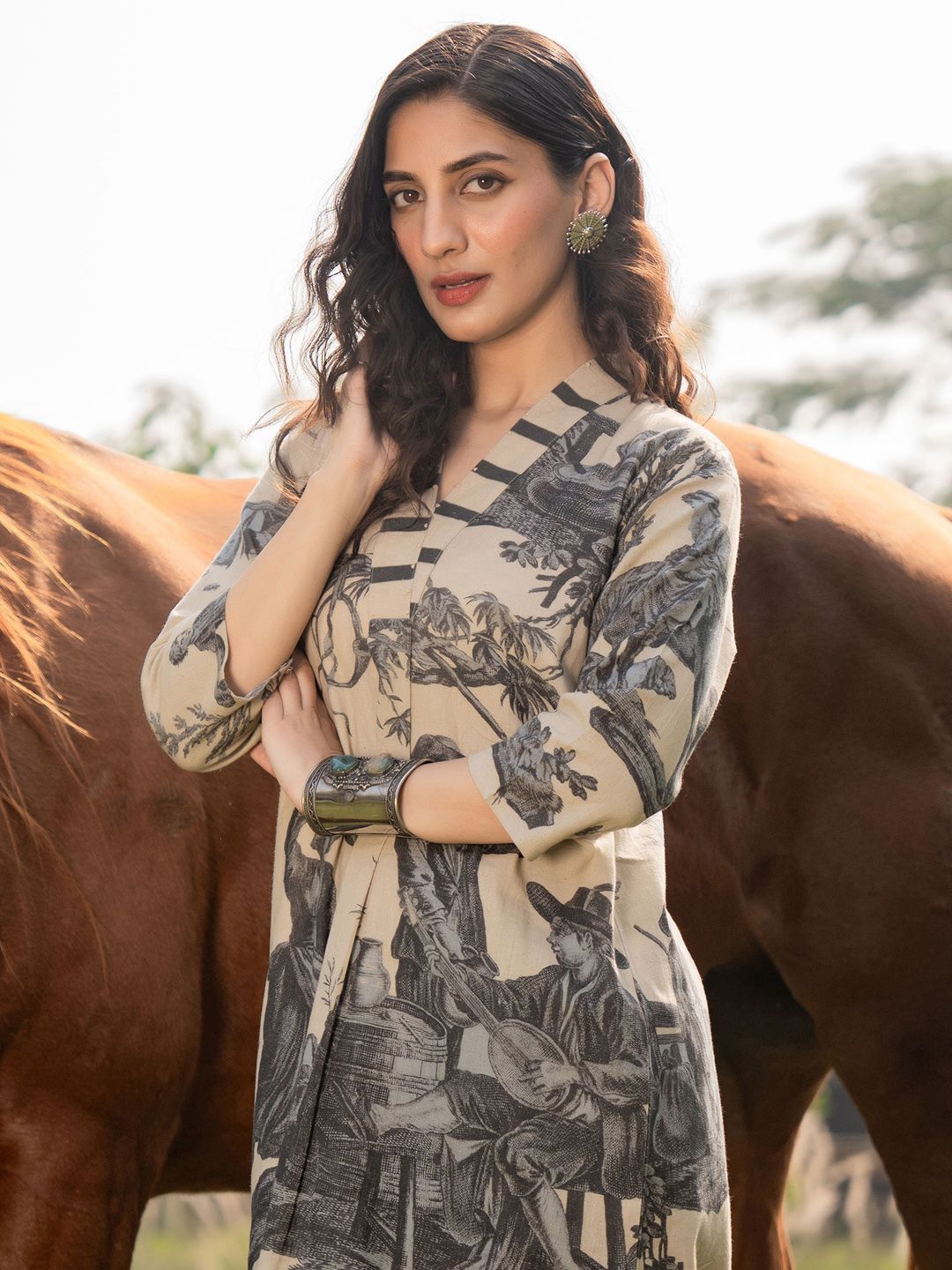 Tribal Printed V-Neck Linen Straight Kurta With Trouser