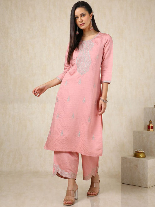 Dhiyona SO Women's Peach-Coloured Floral Embroidered Thread Work Straight Kurta With Palazzos