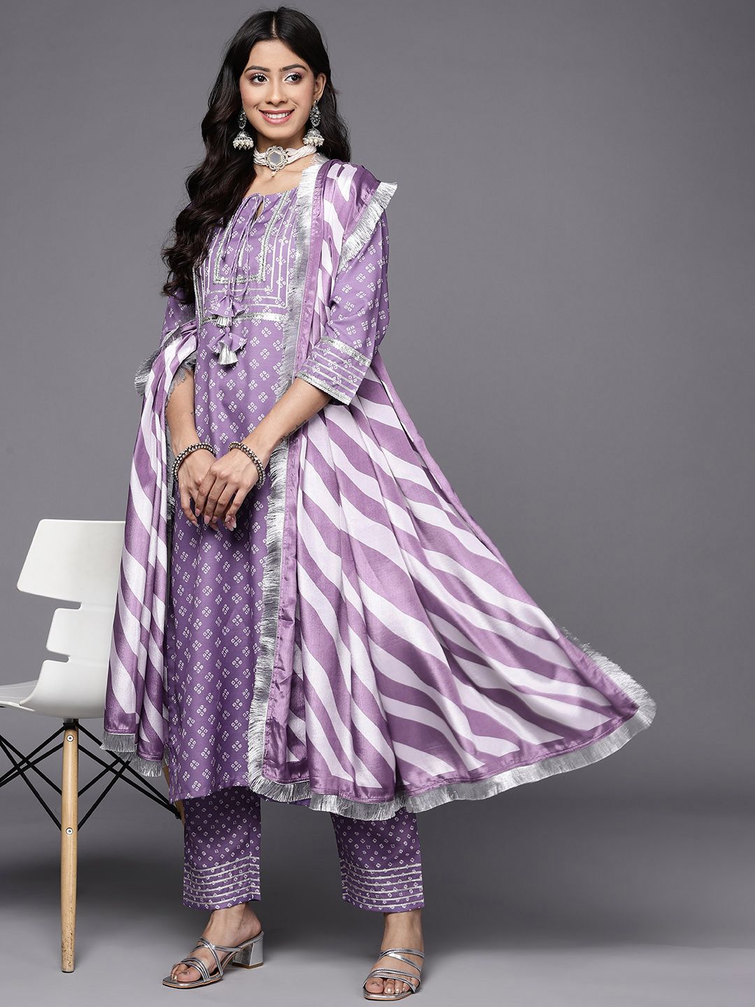 Dhiyona VA Women's Purple Bandhani Printed Kurta with Trousers & With Dupatta