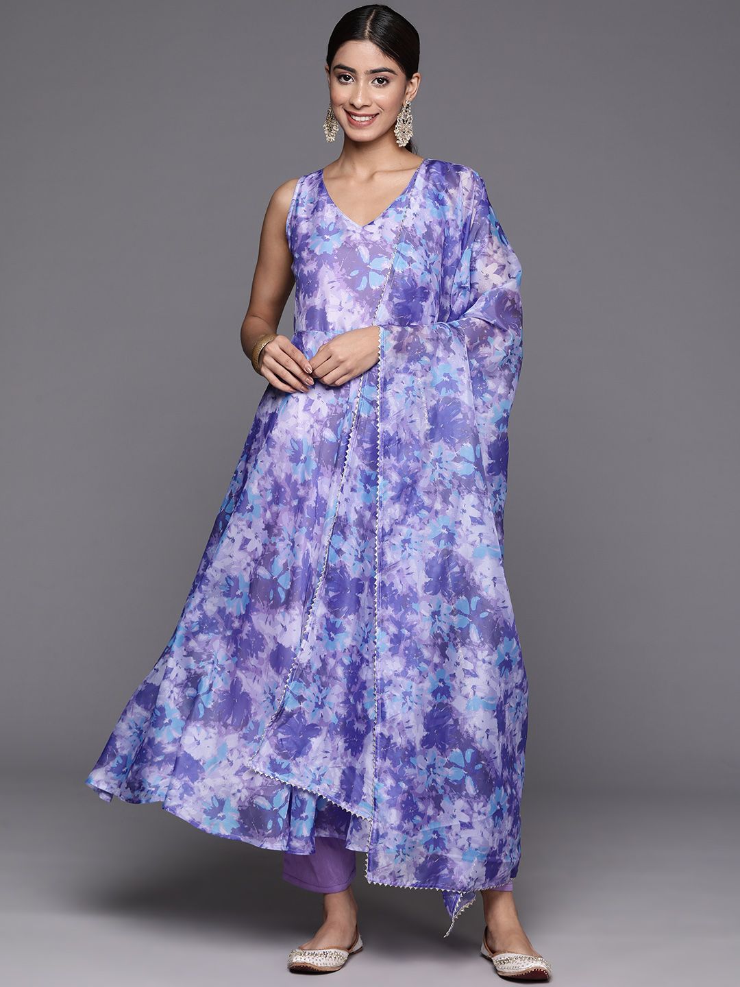 Dhiyona VA Women's Floral Printed Empire Gotta Patti Kurta with Trousers & With Dupatta