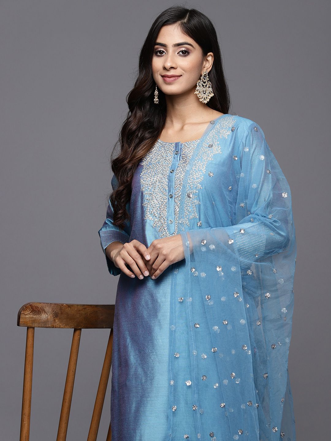 Dhiyona VA Women'sFloral Embroidered Chanderi Silk Kurta With Trousers & Dupatta