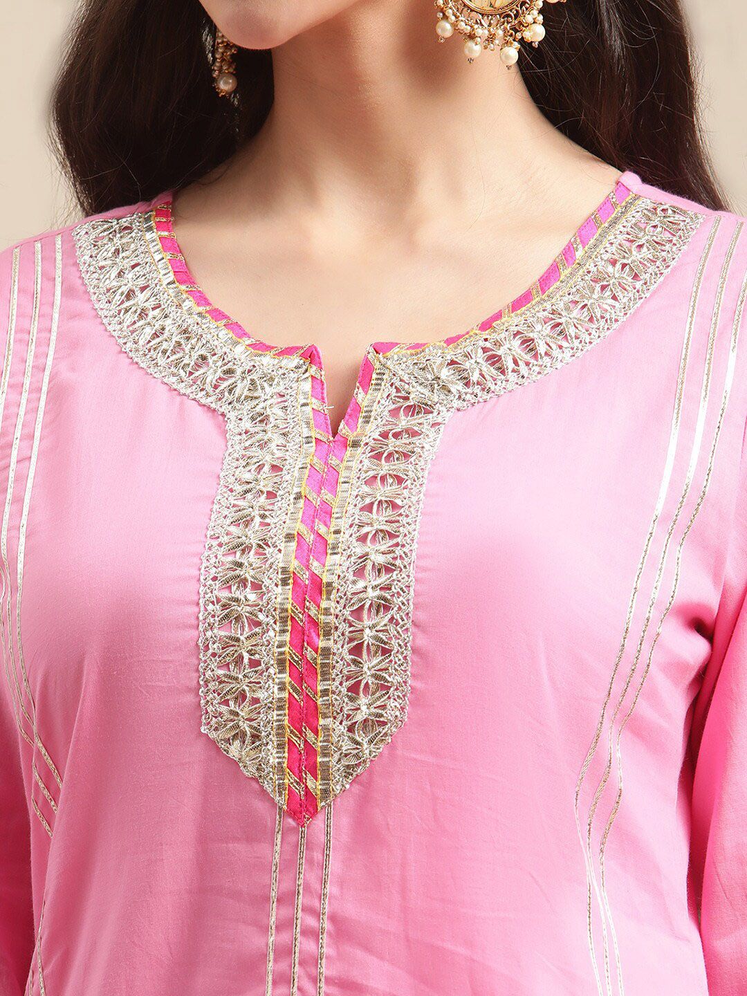 Dhiyona VA Women's Pink Gotta Patti Pure Cotton Kurta with Sharara & Leheriya Dupatta