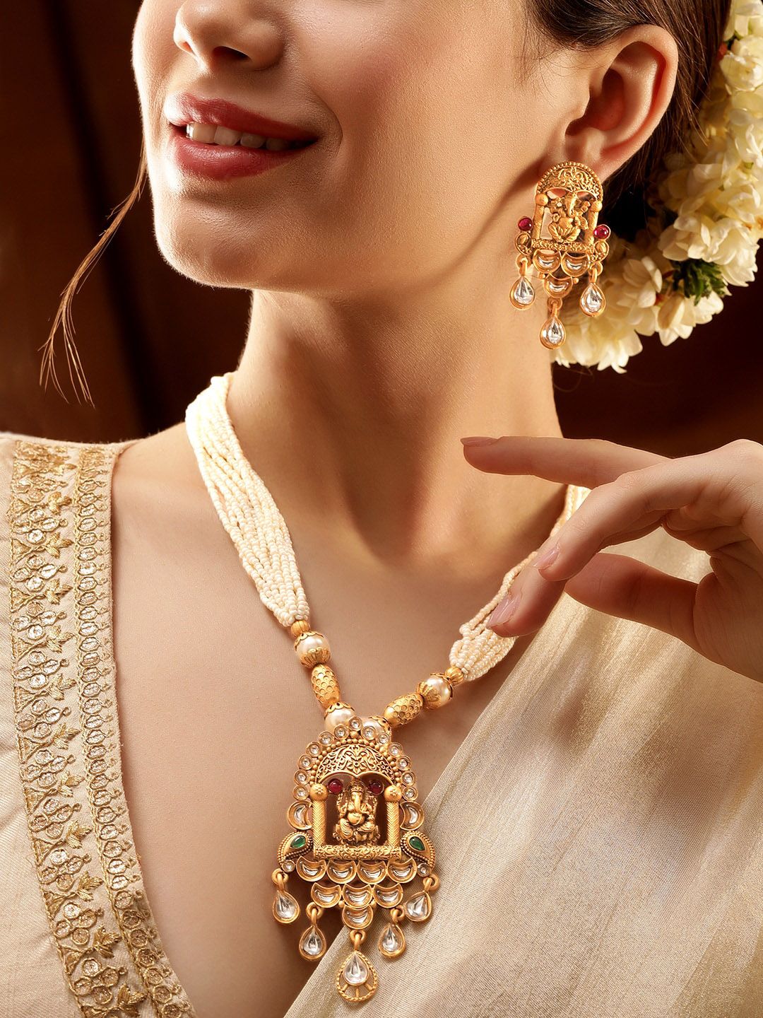 Dhiyona RJ Women's 22K Gold-Plated Ganesh Motif Temple Necklace Set with White Pearls & Kundan Drops
