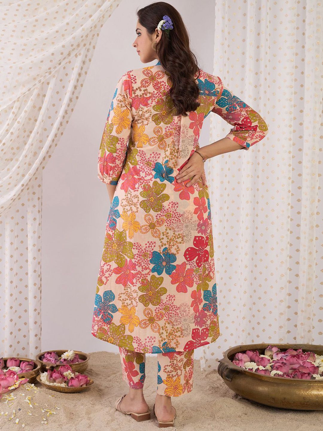 Dhiyona IE Floral Printed Mandarin Collar Pure Cotton A-Line Kurta With Trouser