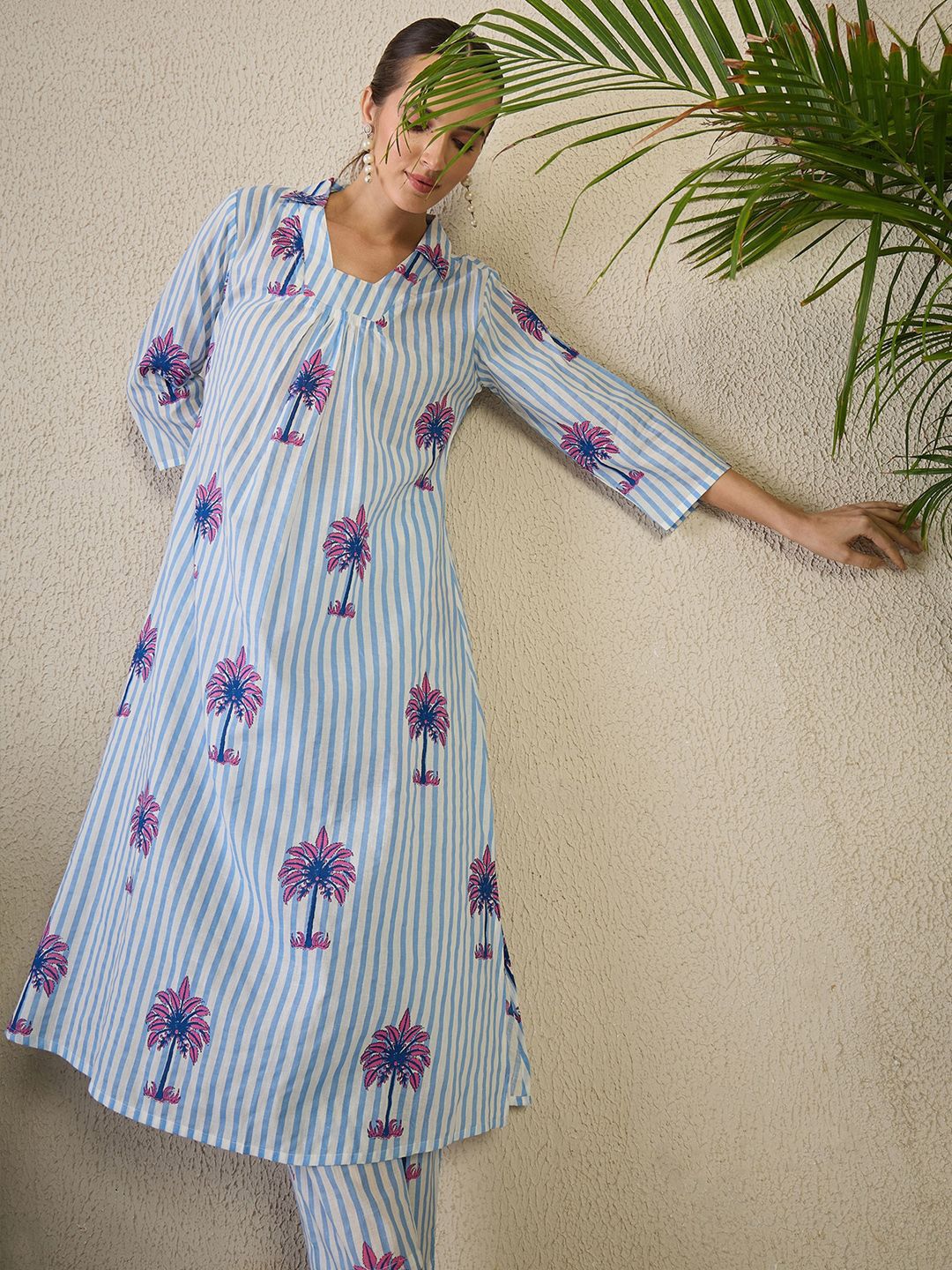 Dhiyona IE Women's Women Striped Printed Pure Cotton A-Line Kurta with Trousers