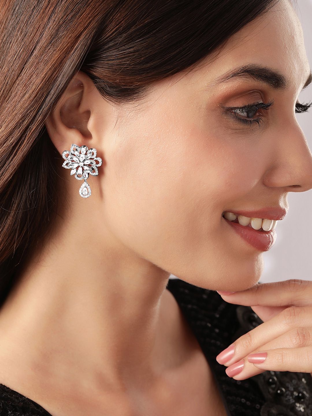 Dhiyona RJ Women's Rhodium-Plated Floral Cubic Zirconia Studded Dangle Earrings