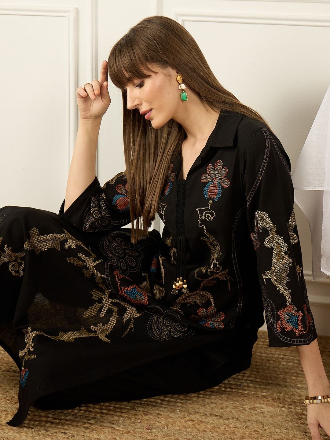 Women Ethnic Motifs Embroidered Regular Thread Work Pure Cotton Kurta with Palazzos