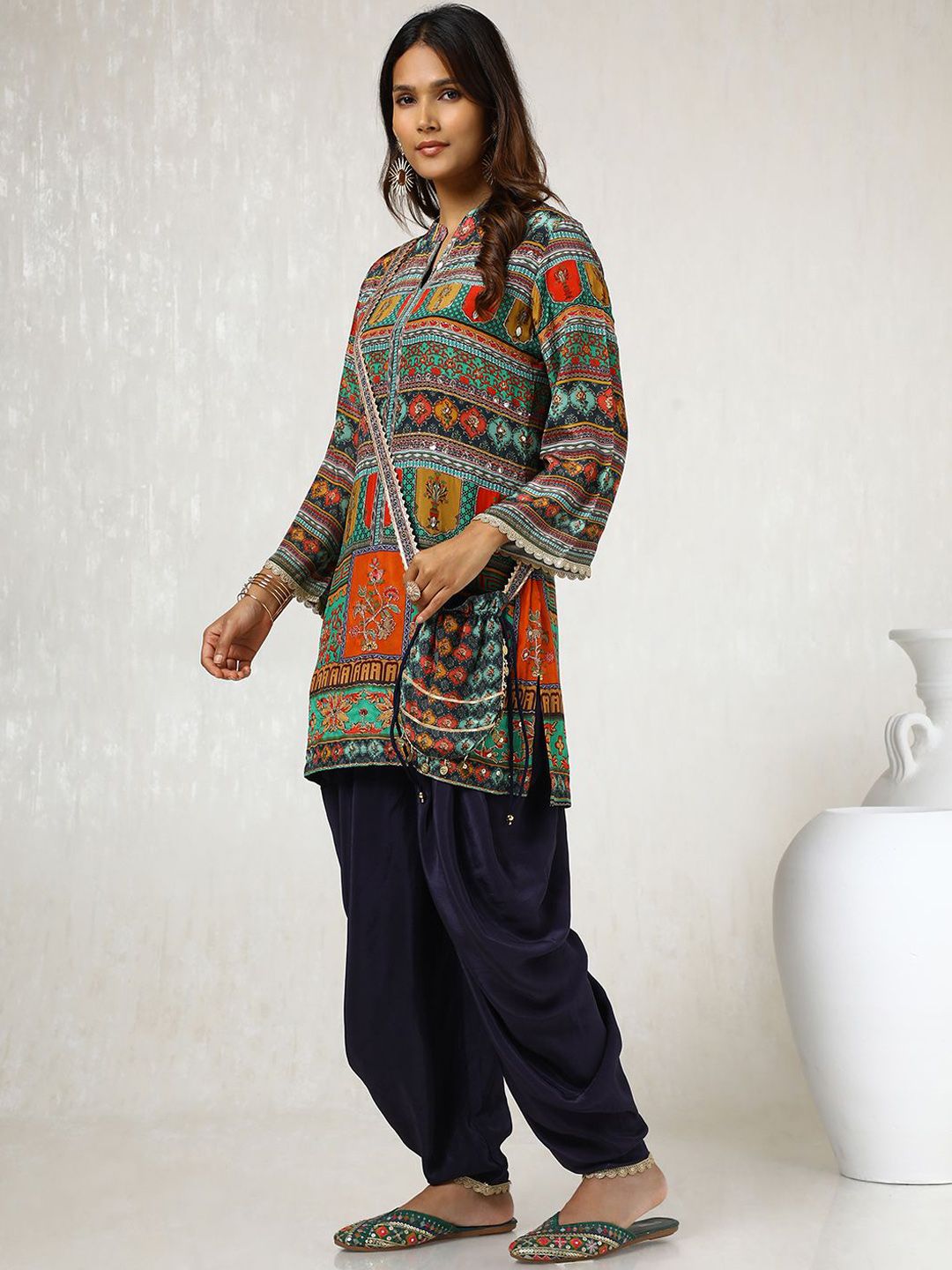 Dhiyona SO Women's Green Ethnic Motifs Printed Mirror Work Kurta With Dhoti Pants & Potli Bag