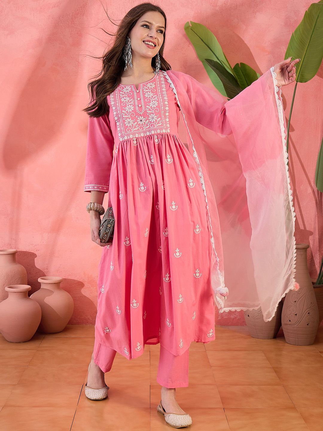 Dhiyona SN Women's Peach Embroidered Notch Neck Pure Cotton Anarkali Kurta With Trouser & Dupatta