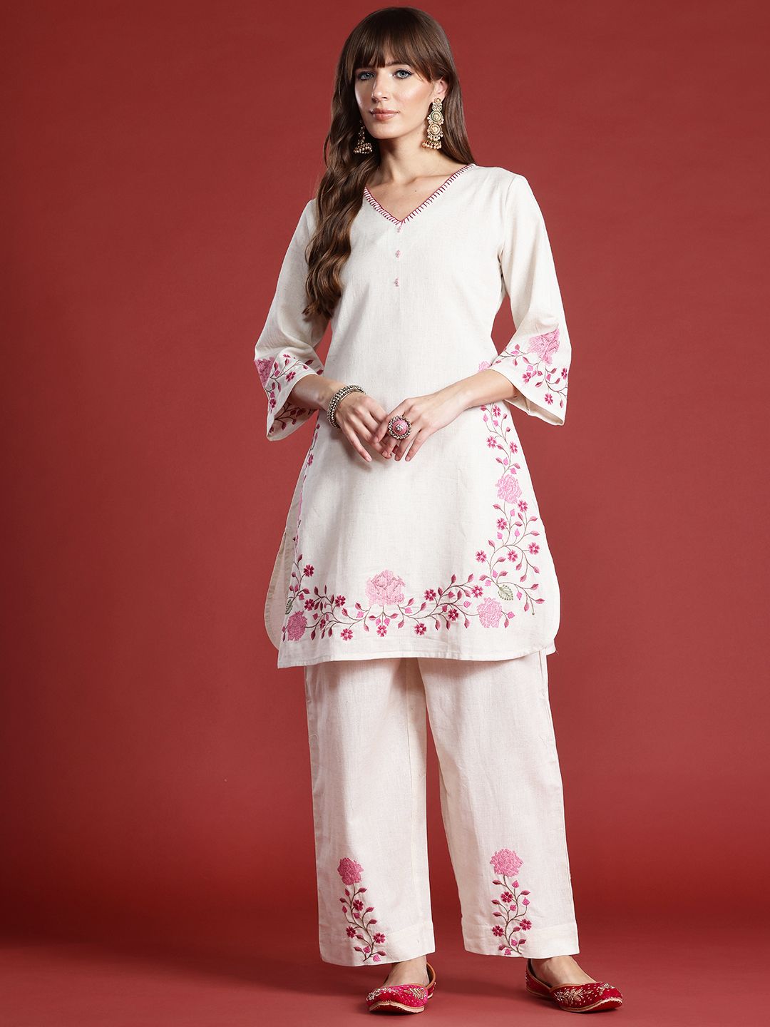 Dhiyona IE Floral Embroidered Thread Work Pure Cotton Kurta with Palazzos