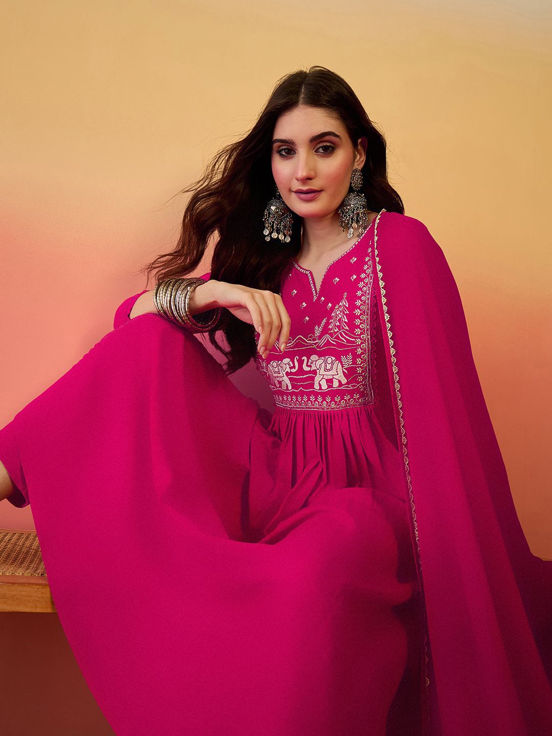 Dhiyona SN Women's Embroidered Notch Neck A-Line Kurta With Trousers & Dupatta
