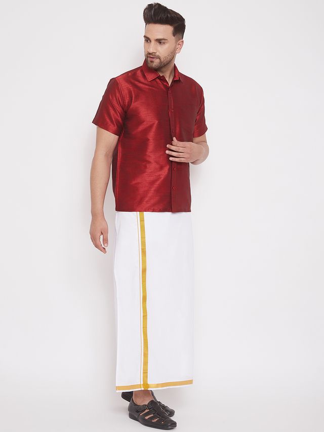 Men's Maroon Silk Blend Straight Shirt And Mundu